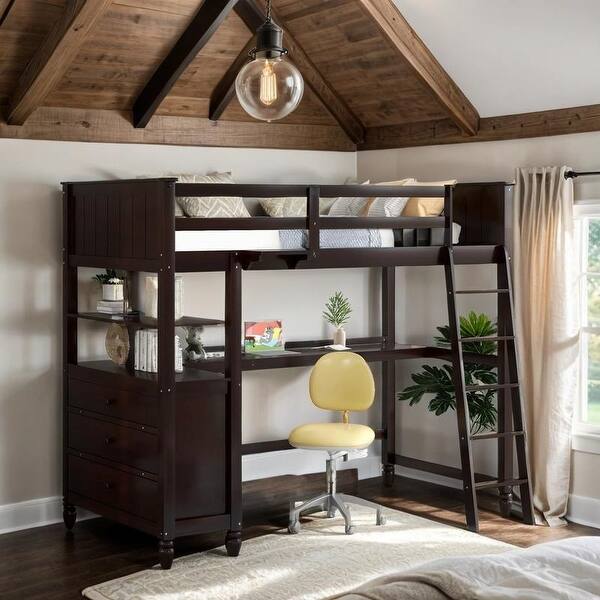 slide 2 of 50, Twin size Loft Bed with Drawers, Built-in Desk and Shelves, Espresso Espresso