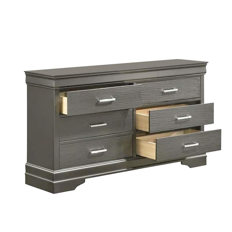 6 Drawers Wooden Dresser with Bar Pull Handles in Dark Gray