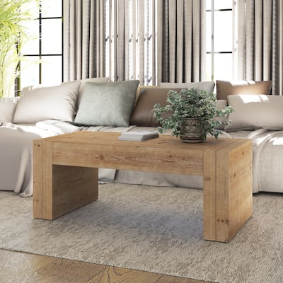 COZAYH Rustic Wood Coffee Table with Chunky Block-Legs, Farmhouse Style Center Table, Lounge, Rectangular, Natural