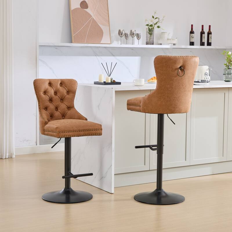 Swivel Barstools Set of 2 Adjusatble Bar Stools w/ Tufted and Footrest - Orange