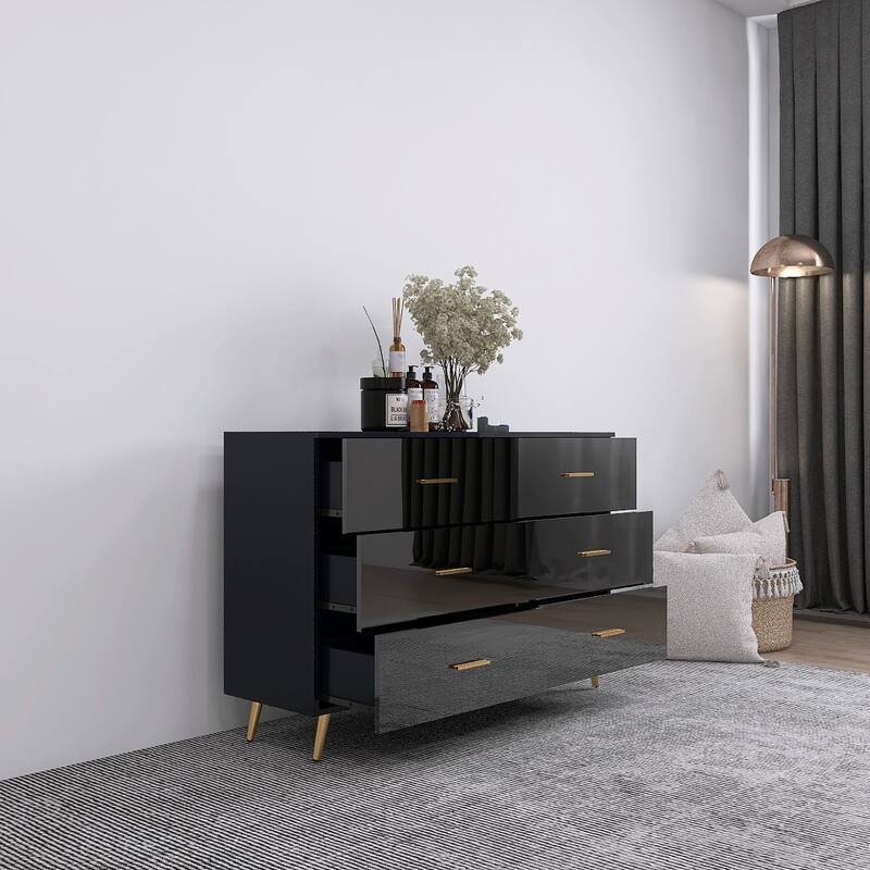 High Gloss 6-Drawer Chest with Golden Handles & Steel Legs, Large Modern Dresser with Anti-Tip Design for Bedroom, Black