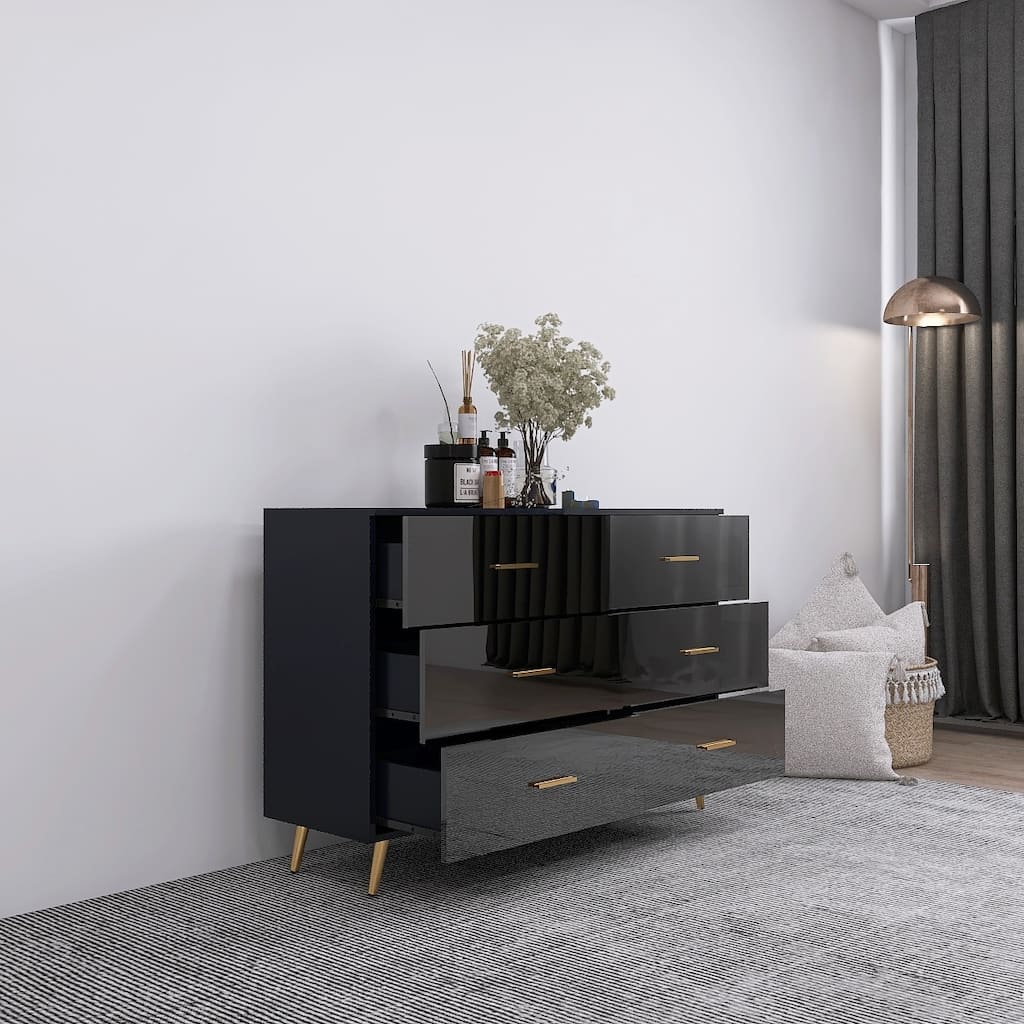 High Glossy Double Dresser with 6 Storage Drawers for Bedroom, Chest of Drawer Vanity with Golden Handle Legs