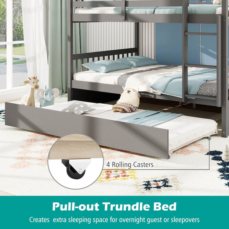 Costway Full over Full Bunk Bed Platform Wood Bed with Trundle &