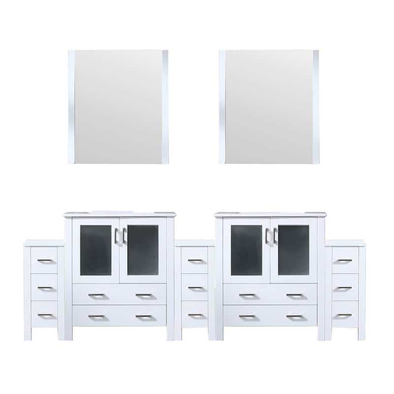 Volez Double Bath Vanity with Side Cabinets, White Ceramic Top and Mirrors - 96 - White