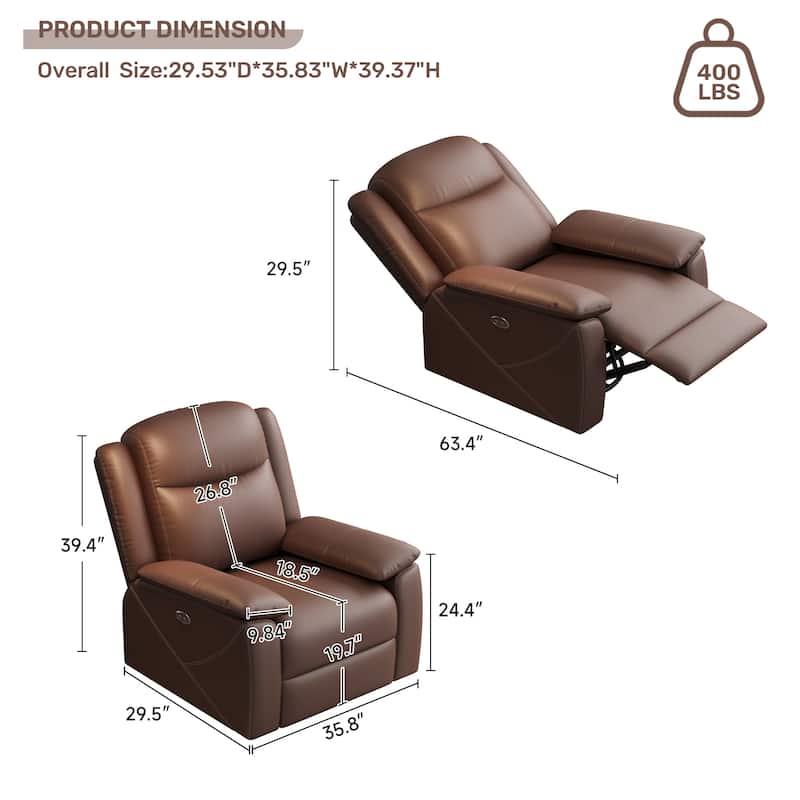 Rocker Recliner Chair with USB Charging Port, Swivel Sofa Chair with Overstuffed Cushion, Oversized Lounge Chaise Chair