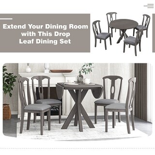 Farmhouse 5-Piece Wood Dining Set Round Drop Leaf Dining Table Set with ...