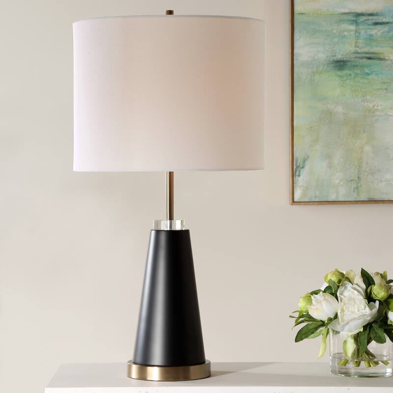 Strick & Bolton Black Metal Table Lamp with Brass Accents and Linen Shade - 14.5 x in x 14.5 x in 27.5