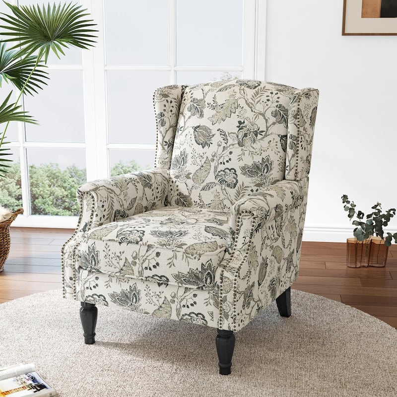 Mid-Century Modern Linen/ Vegan Leather Wing Back Accent Chair - Plants Beige-Linen