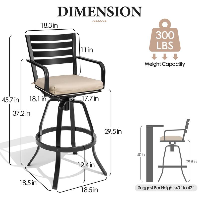 Outdoor Indoor Patio Aluminum Swivel Bar Stools Set with Sunbrella Cushions