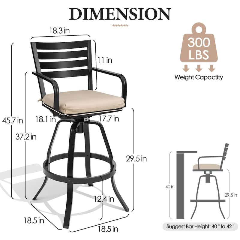 Outdoor Patio Aluminum Swivel Bar Stools Set with Sunbrella Cushion - 18.5 in L x 18.5 in W x 45.7 in H