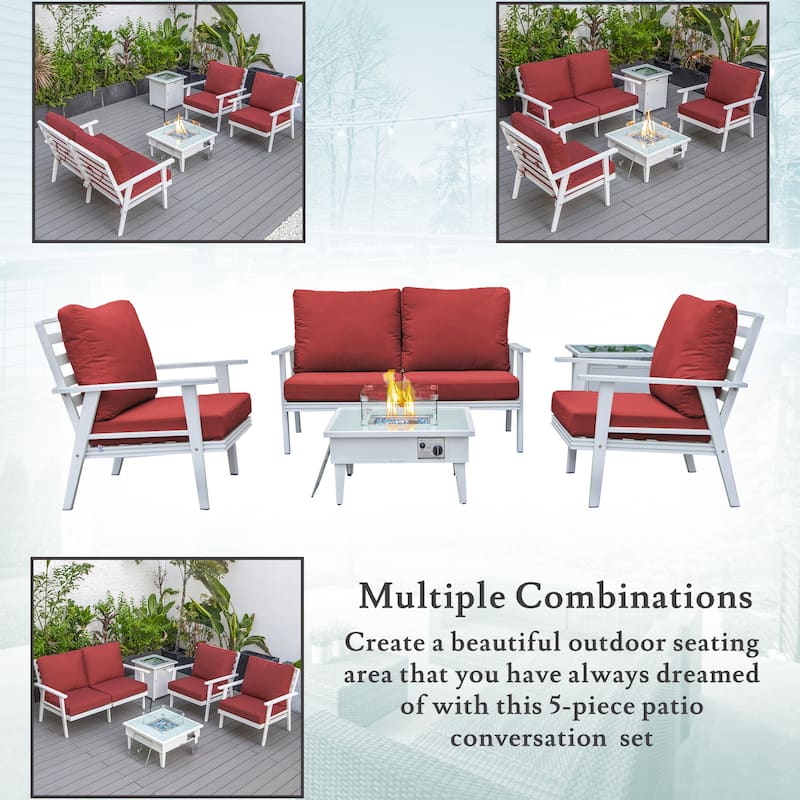 Walbrooke Modern 4-Piece Aluminum Patio Polyester Seating Furniture Set with 37,000 BTU Propane Fire Pit Table and Tank Holder