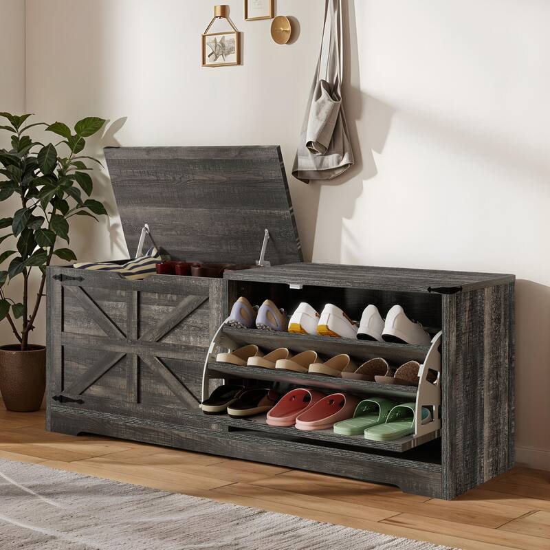 Moasis Farmhouse Shoe Storage Bench and Shoe Cabinet with Flip Drawer & Flip-Top Storage - Oak