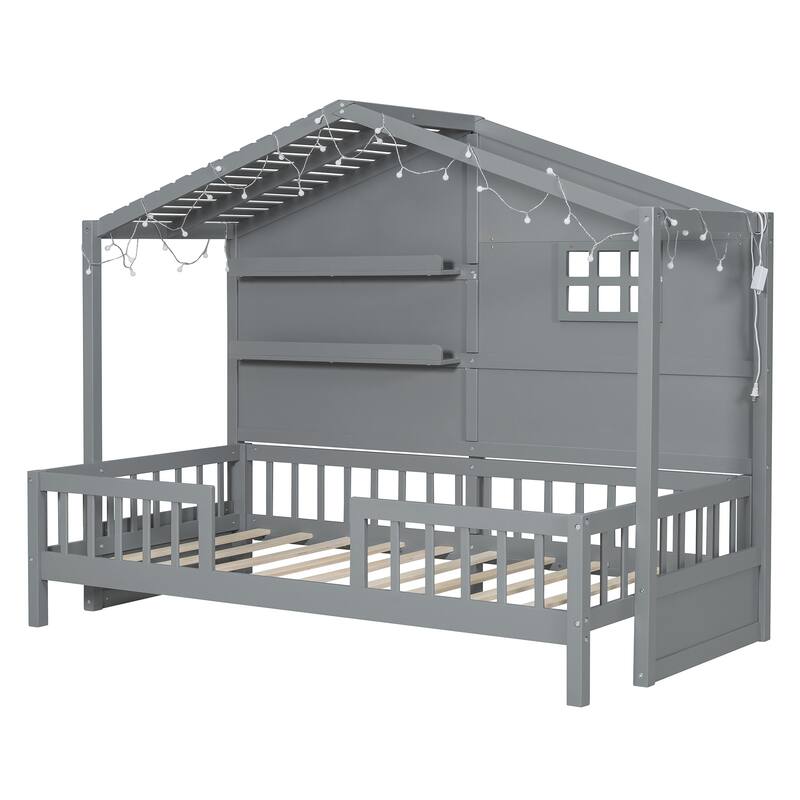 House Bed with Shelves, House Bed with Window and Sparkling Light Strip on the Roof