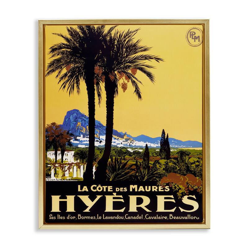 Stupell Vintage Tropical Travel Ad Framed Floater Canvas Wall Art Design By Marcus Jules - 17 x 21 - Gold