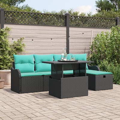 vidaXL 6 Piece Garden Sofa Set with Cushions Black Poly Rattan - 90.9×46.1×27.2