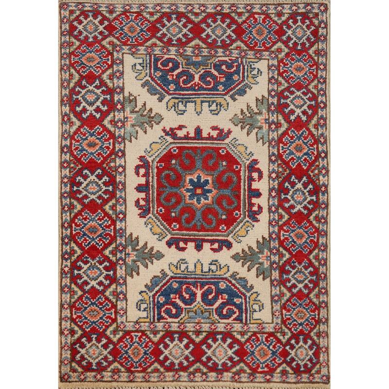 Geometric Kazak Foyer Rug Hand-Knotted Oriental Wool Carpet - 2'0"x 3'0"