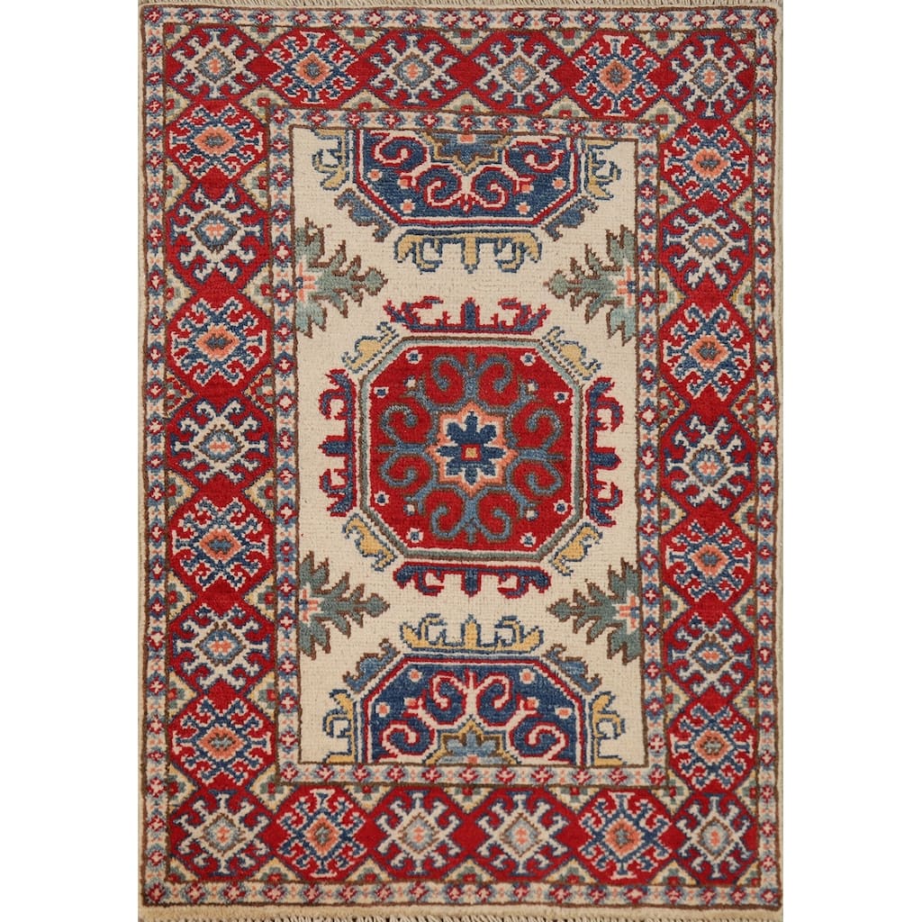 Geometric Kazak Foyer Rug Hand-Knotted Oriental Wool Carpet - 2'0"x 3'0"
