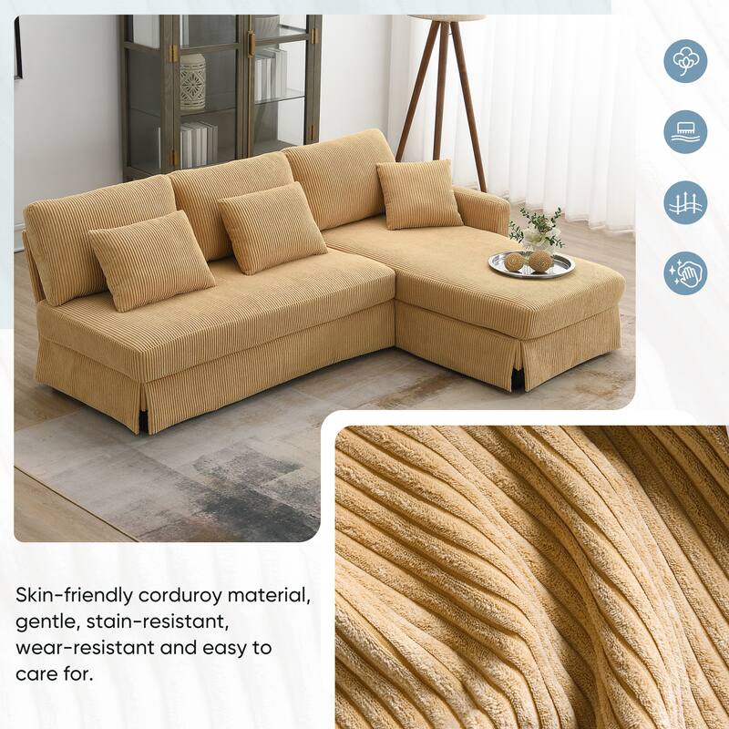 Modern L-Shaped Sofa with Reversible Chaise, 87" Corduroy Upholstered Sectional Sofa with Pillows