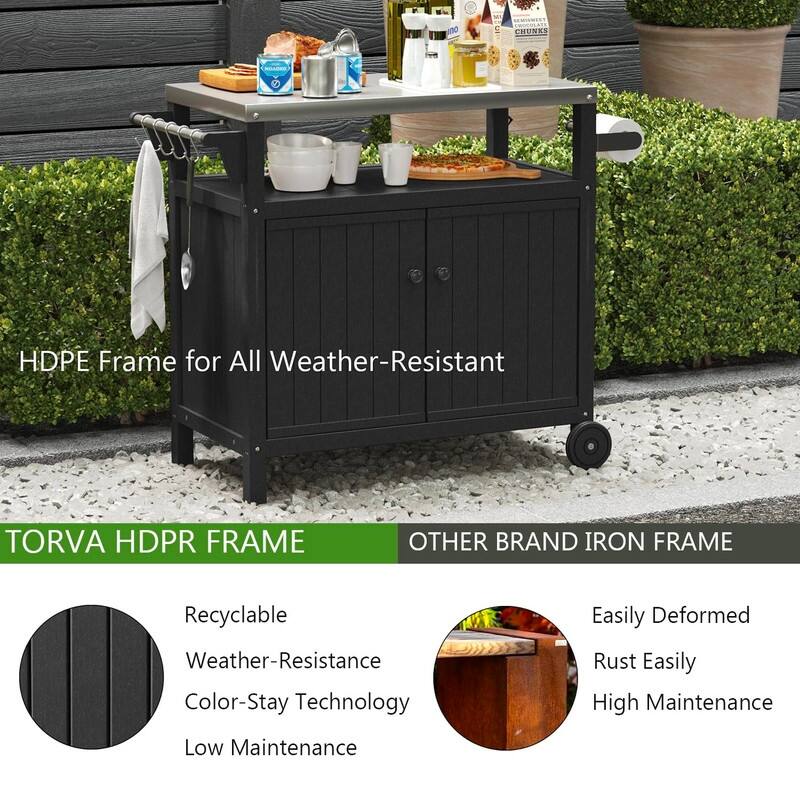 HDPE Portable Outdoor Grill Cart, Waterproof BBQ Prep Table, 304 Stainless Steel Top, Camping Cart 42.12" L x 20.71" W, Black