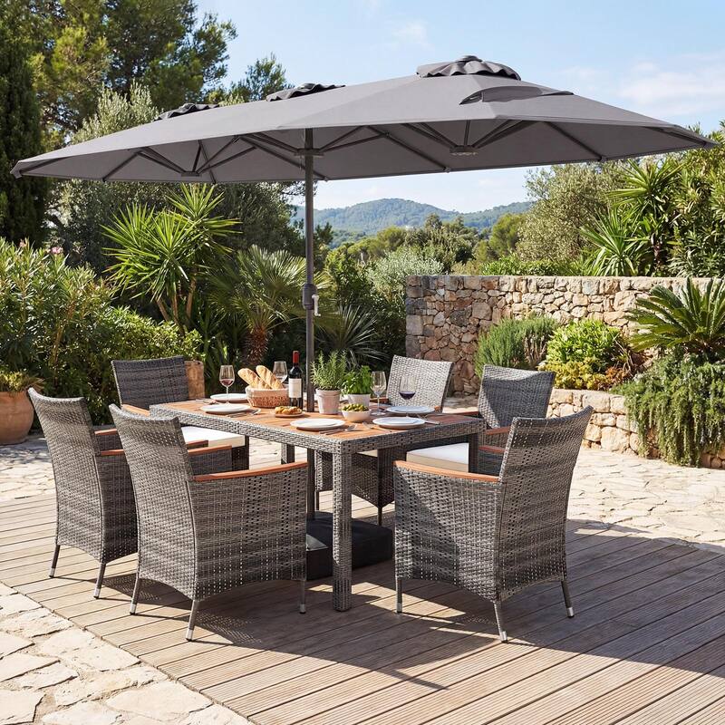 Gymax 8-Piece Patio Dining Set w/ Double-Sided Market Umbrella Acacia