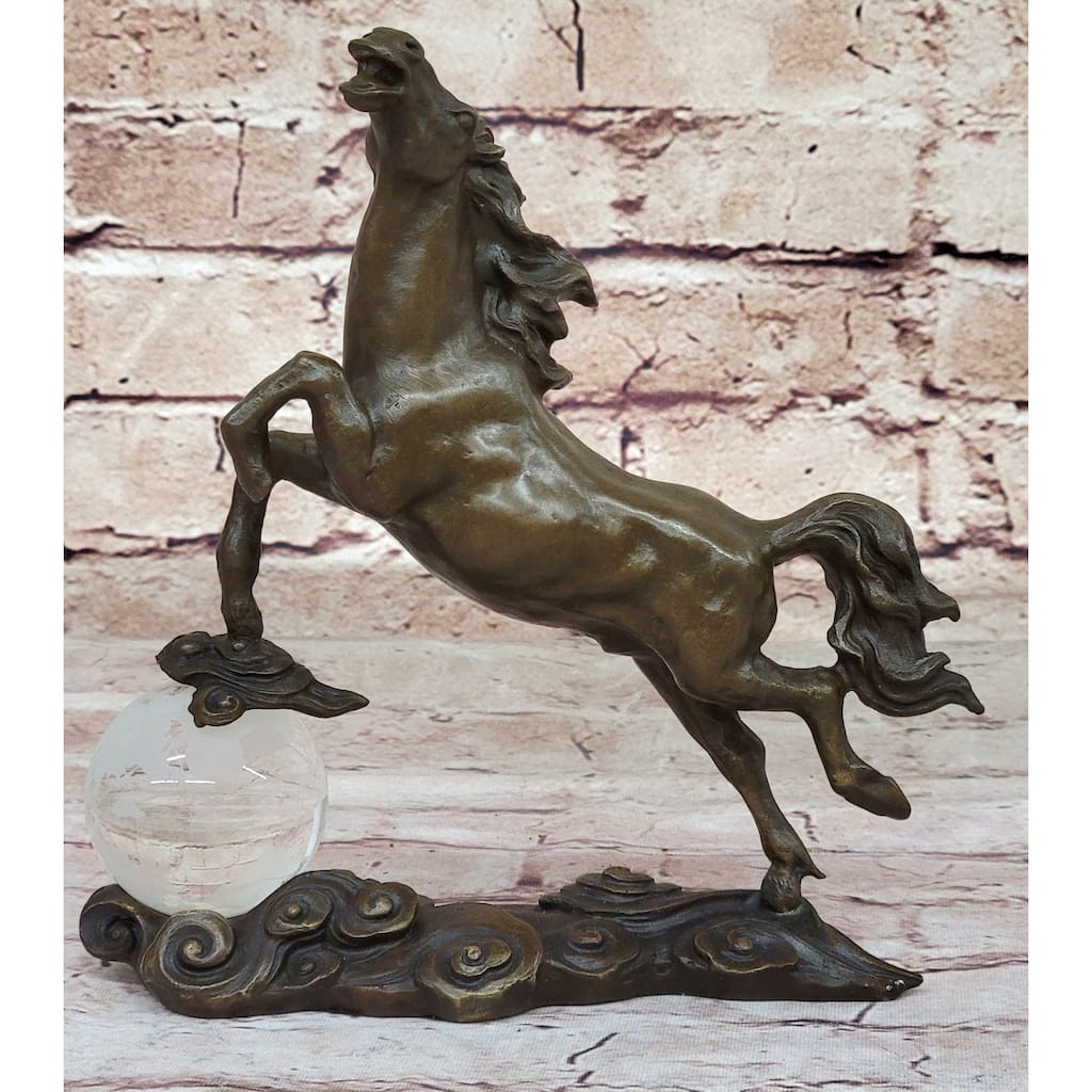 Bronze Horse Figurine Sculpture W/ Crystal Ball - Signed Original Equestrian Art By Milo