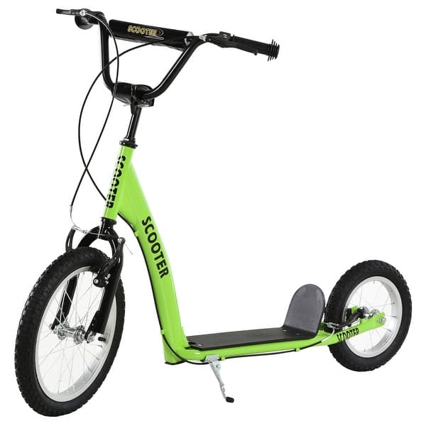 slide 2 of 8, Aosom Youth Scooter Kick Scooter for Kids 5+ with Adjustable Handlebar 16" Front and 12" Rear Dual Brakes Inflatable Wheels Green