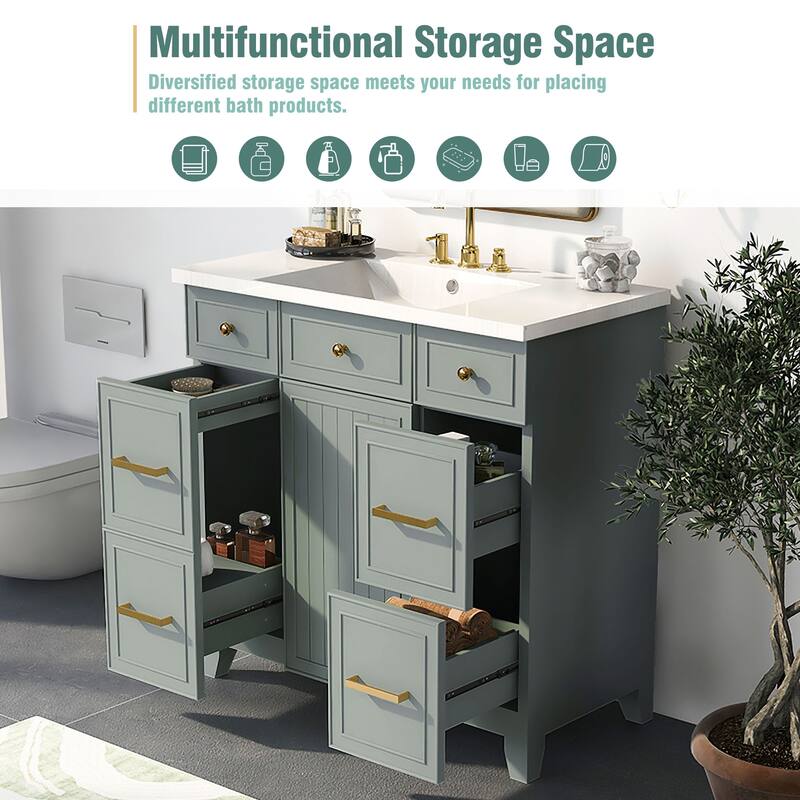 36" Black Bathroom Vanity Cabinet with Single Sink, Soft-Close Door, 3 Drawers, Waterproof Resin Sink