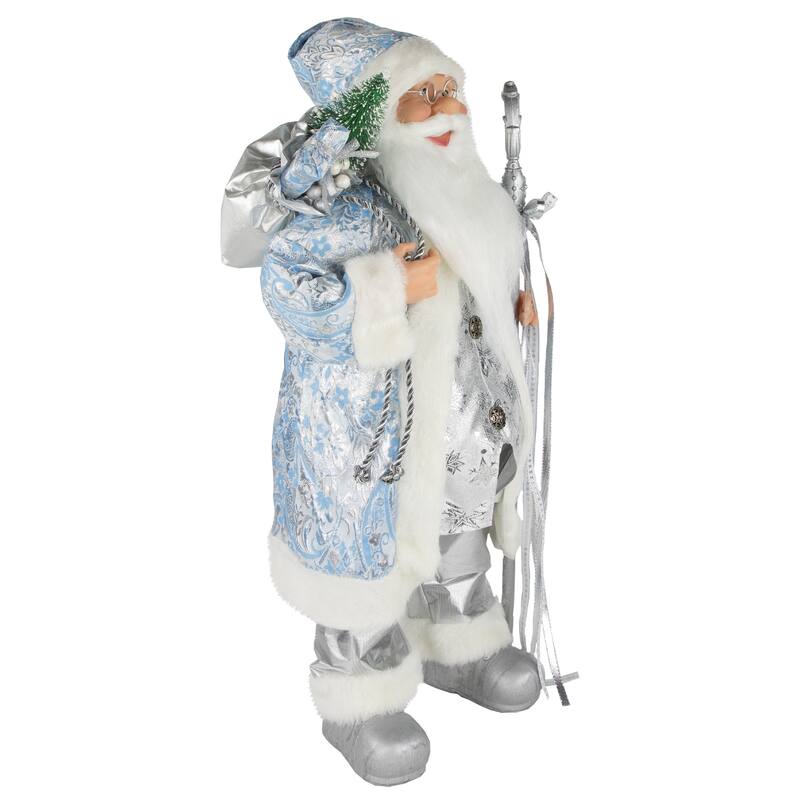 24" Blue Silver Ice Palace Santa Claus with Staff Bag Christmas Figure
