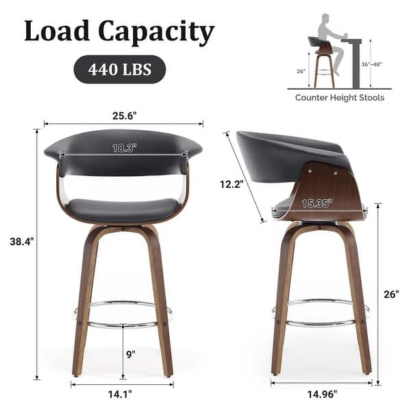dimension image slide 6 of 14, 26"/29" Faux Leather Swivel Bar Stools, Wood Counter Stool