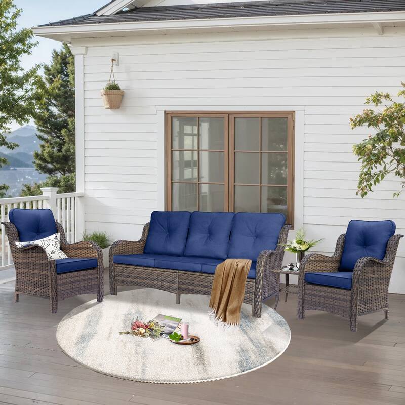 4-piece Brown Wicker Rattan Outdoor Patio Conversation Sofa Seating Sets - Navy Blue