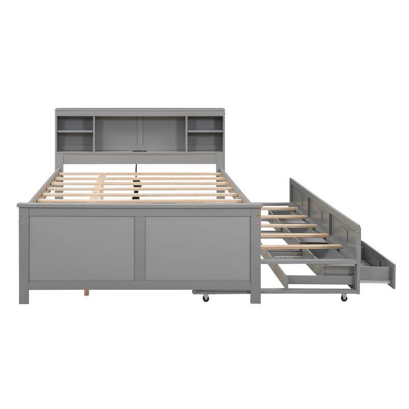 Full Platform Bed with Storage Headboard, USB Charging Port, Twin Trundle, and 3 Drawers - Space-Saving Design