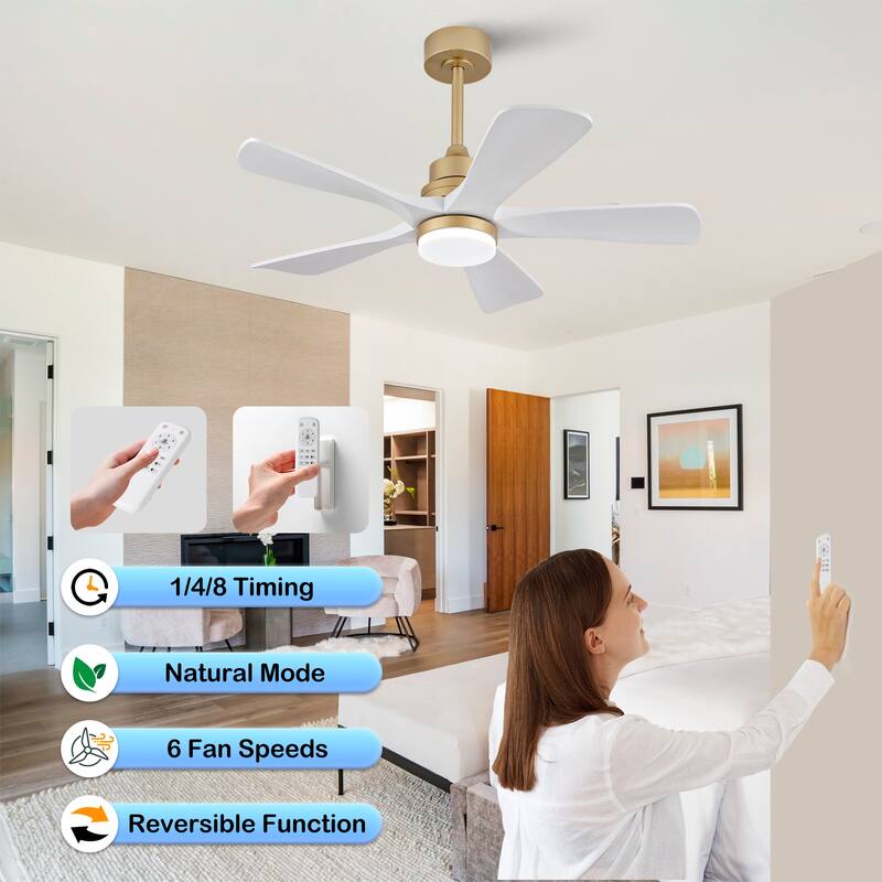 42 Inch Indoor Ceiling Fan With Dimmable LED Light 5 Solid Wood Blades Remote Control Reversible DC Motor
