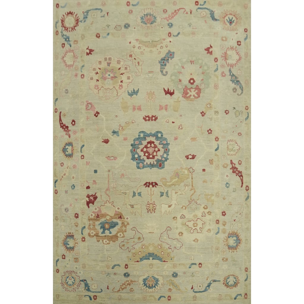 Vegetable Dye Wool Oushak Turkish Area Rug, Floral Geometric Carpet - 12' 2'' X 8' 11''