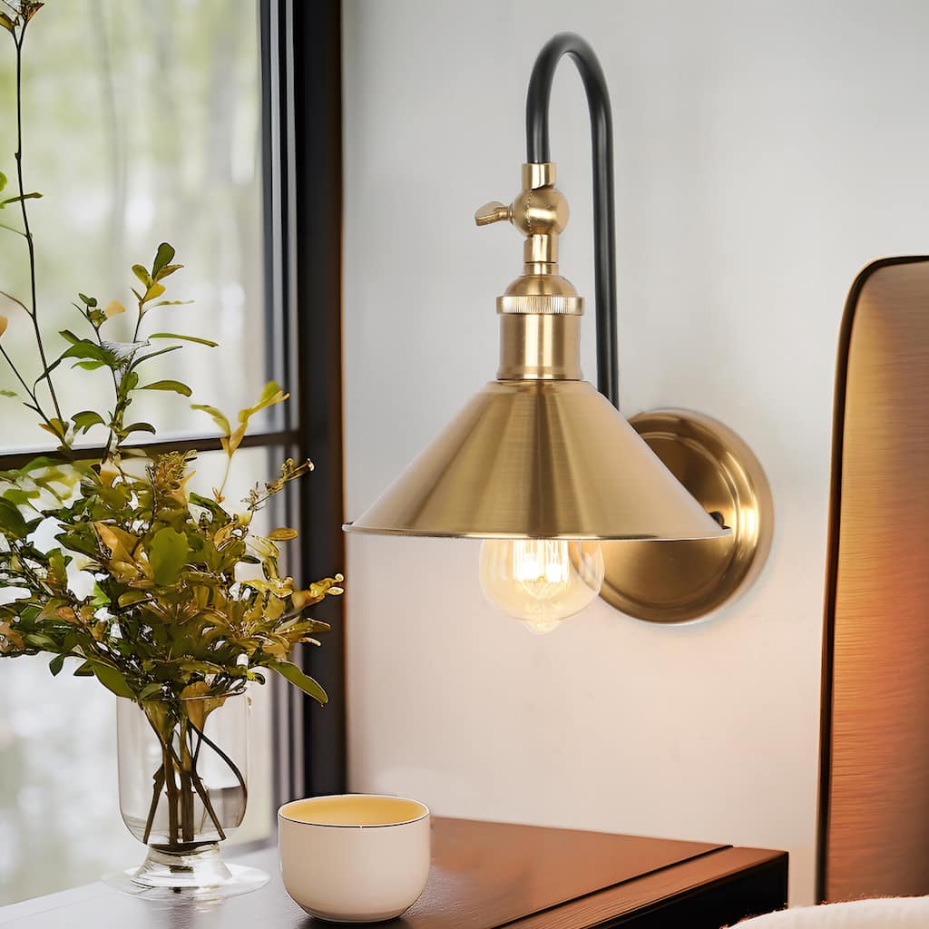 Modern 1-Light Rotatable Wall Sconce with Black and Brass Metal Gooseneck