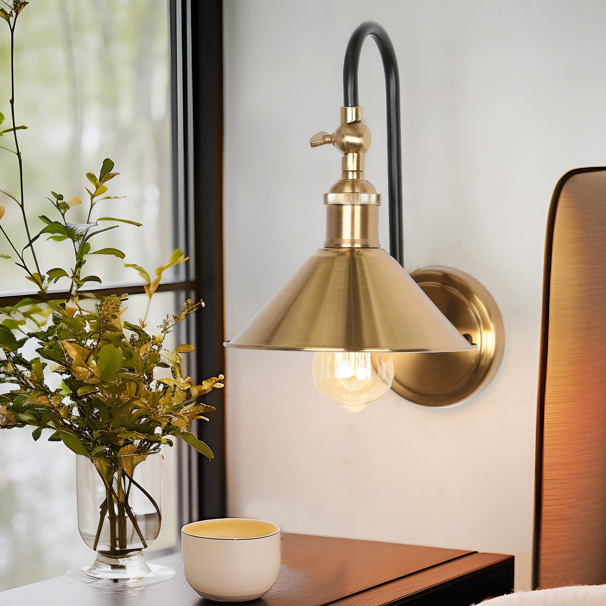 Modern 1-Light Rotatable Wall Sconce with Black and Brass Metal Gooseneck