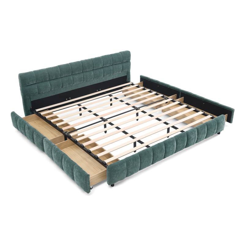 Roomfitters California King Upholstered Platform Bed with Storage, Chenille Fabric Frame with Headboard