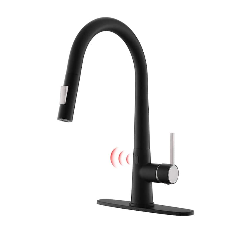 Matte Black Touchless Pull-Out Single-Handle Kitchen Faucet with Deck Plate