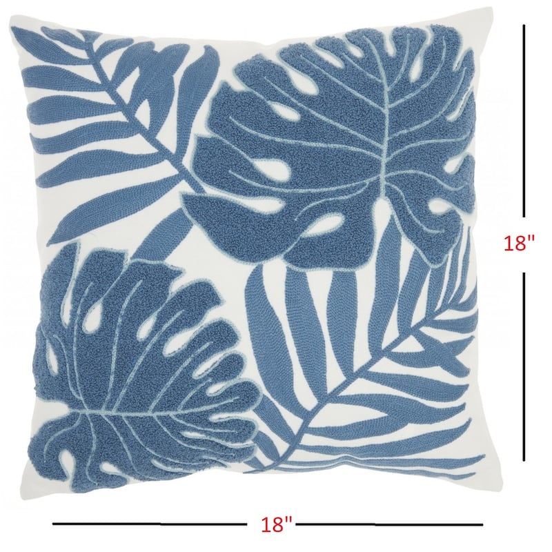 HomeRoots Blue and Ivory Tropical Leaves Throw Pillow