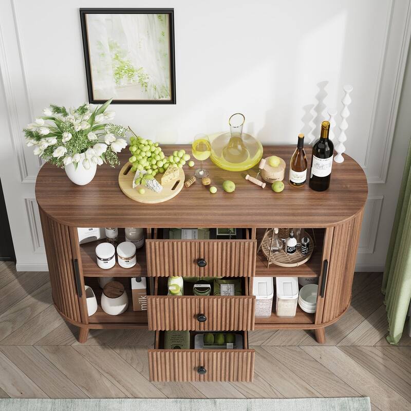 Fluted Sideboard Buffet Cabinet with Tambour Sliding Doors, Modern Coffee Bar Console with Storage & Adjustable Shelves