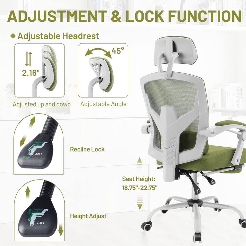 Ergonomic Office Chair with Footrest, High-Back Mesh Rolling Swivel Reclining Chairs Computer Desk Seat