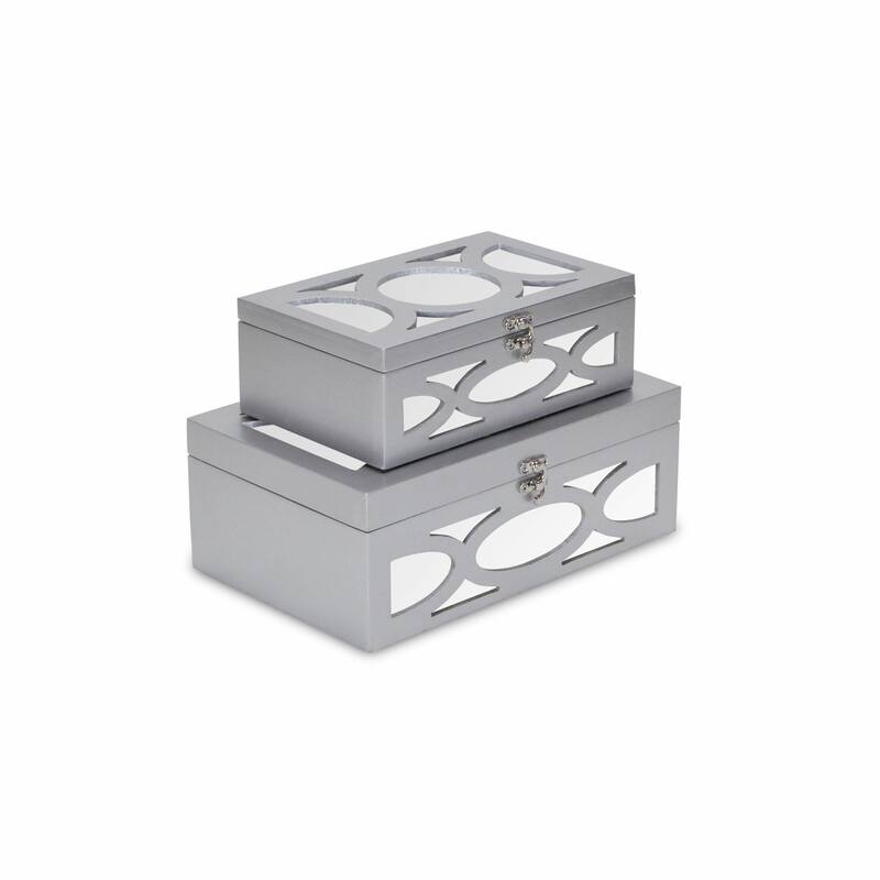 HomeRoots Set of Two Silver Oval Scroll Mirror Jewelry Storage Boxes