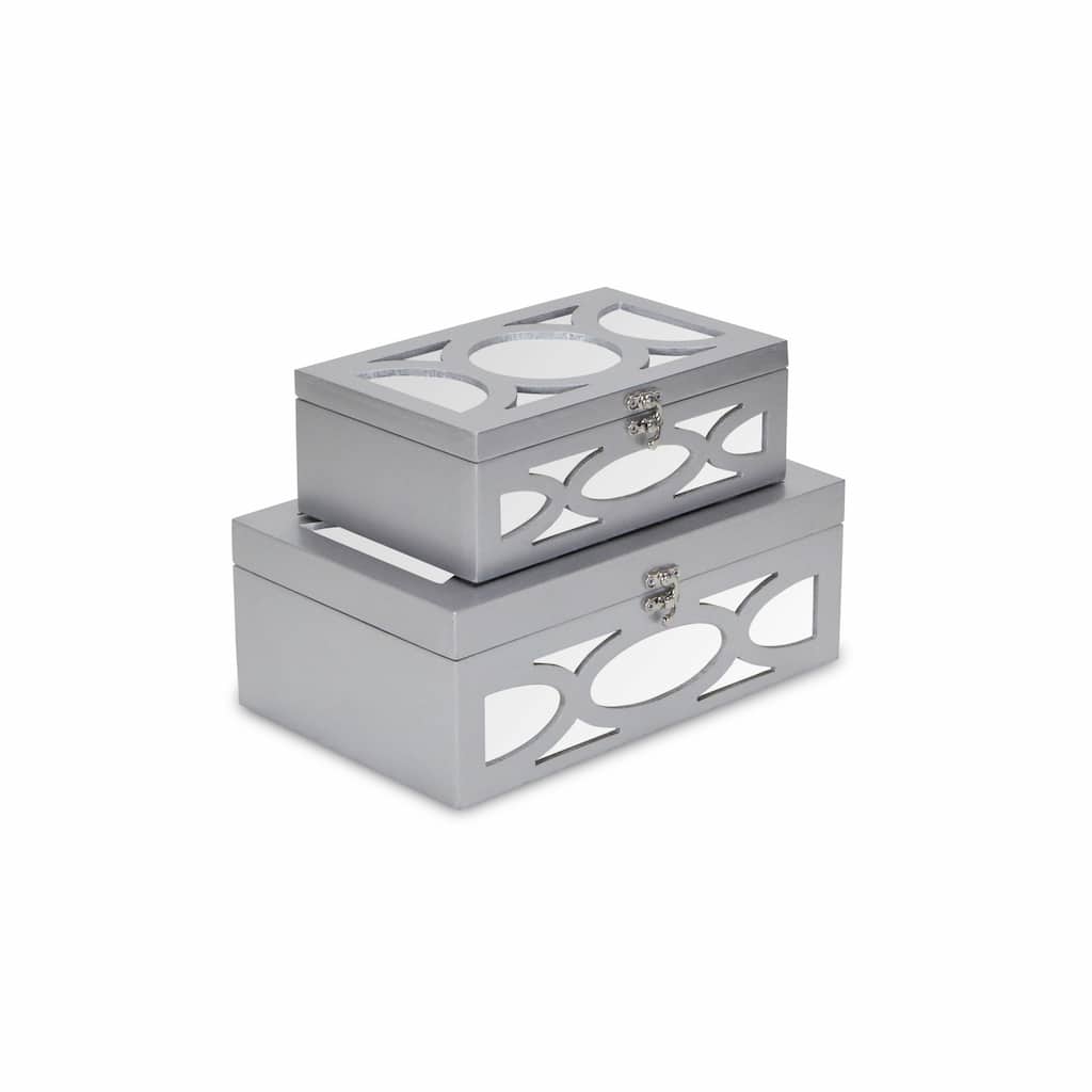 HomeRoots Set of Two Silver Oval Scroll Mirror Jewelry Storage Boxes