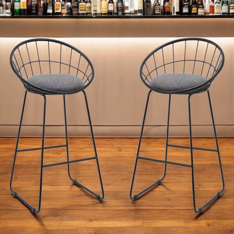 Set of 2 Grey and Black Metal Counter Height Bar Stools 26 Inch Seat - 19.5” x 17.69” x 33.5” - Grey-Black