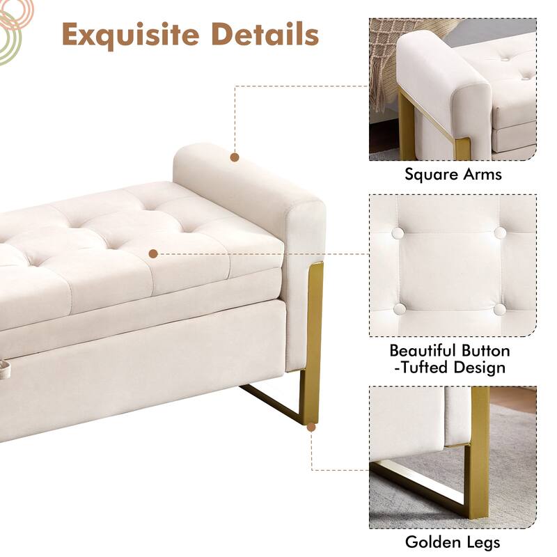 66" Storage Bench for Bedroom End of Bed with Double Lids and Gold Legs