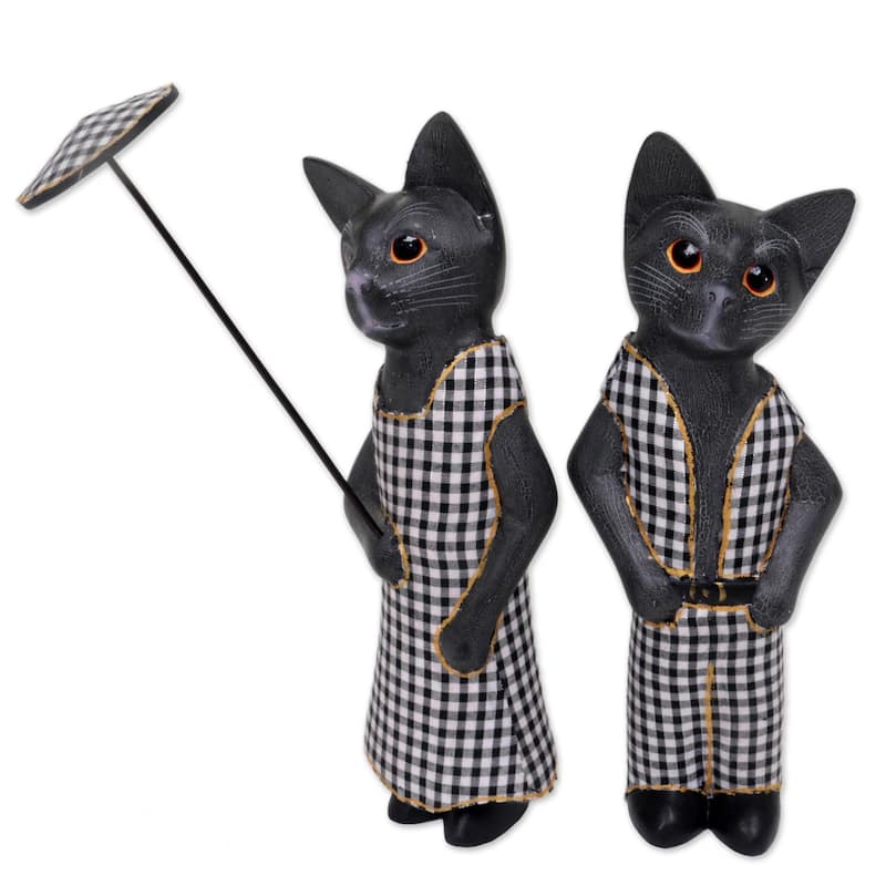 Novica Handmade Bali Cat Couple In Dark Grey Wood Sculptures (Pair)