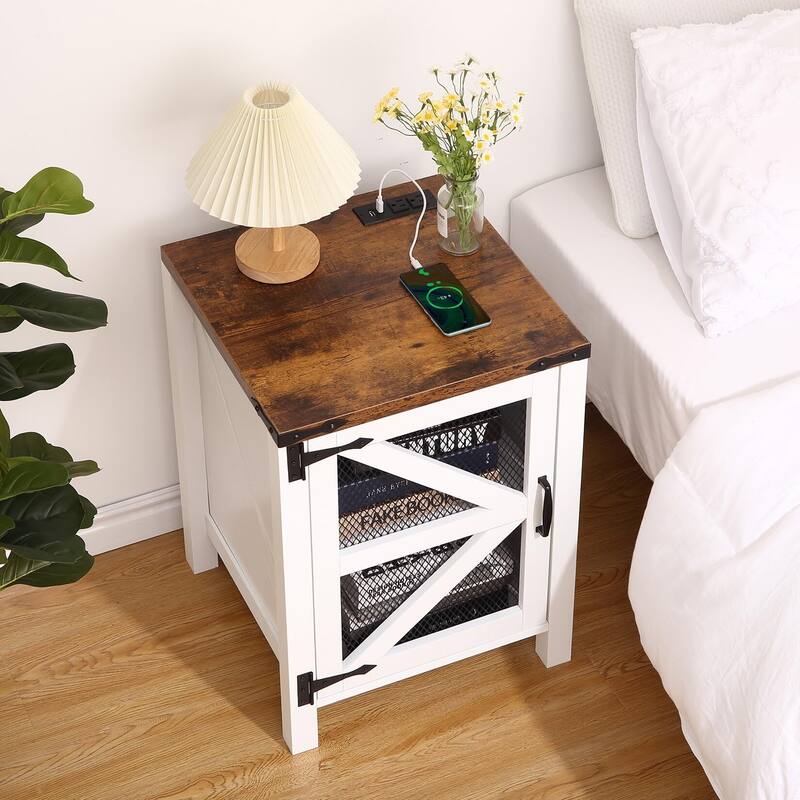 Rustic Nightstand with Charging Station and Storage, Barn Door End Table