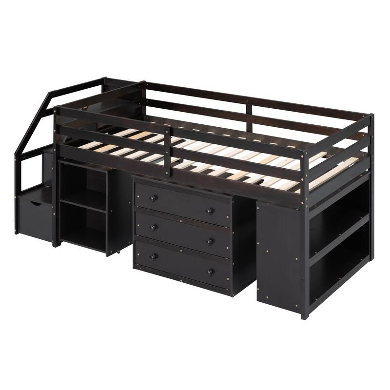 Pine Wood Low Loft Bed with Storage Stairs, Shelves, Retractable Writing Desk, 3 Drawers, Wooden Lofbed Frame for Kids Bedroom