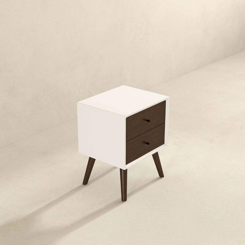 Mid Century Modern White Night Stand with 2 Drawers, Solid Wood, 23.6\