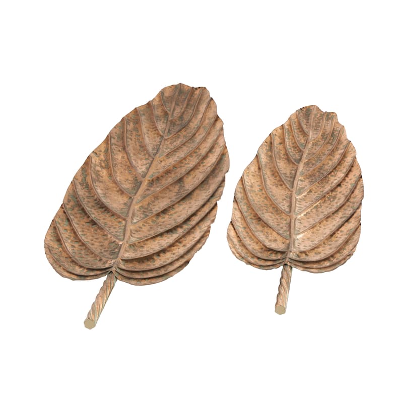 Copper Metal Textured Leaf Living Room Decor Tray with Patina Accents and Elevated Feet (Set of 2)
