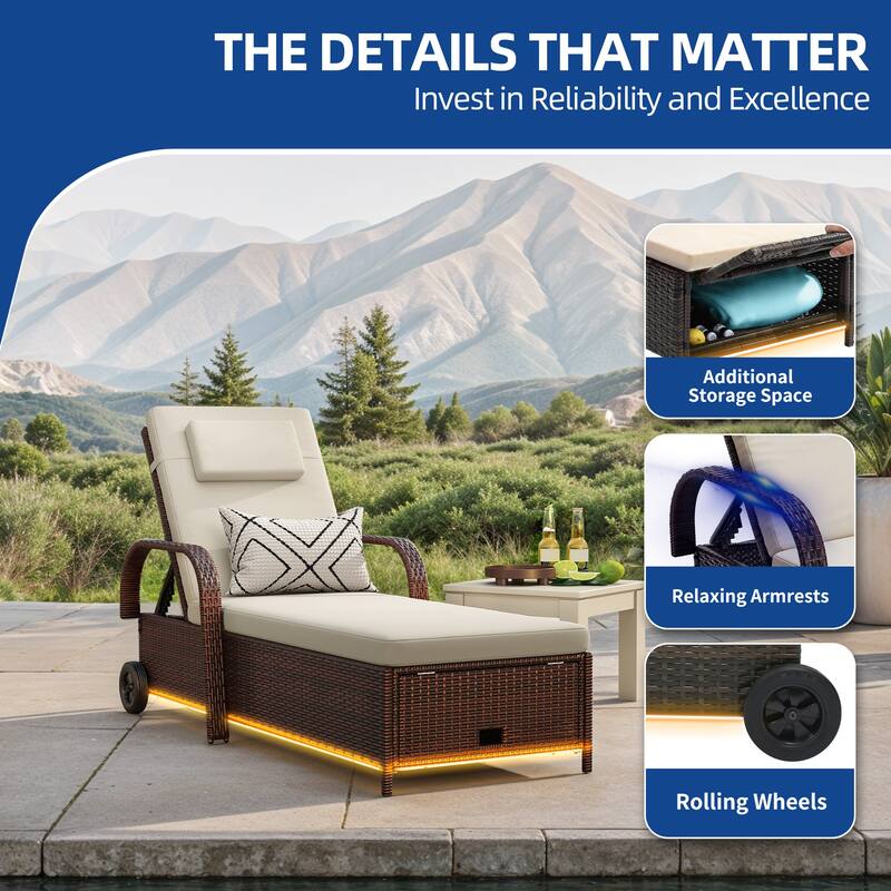 Wicker Chaise Lounge With Storage Space And LED Lights